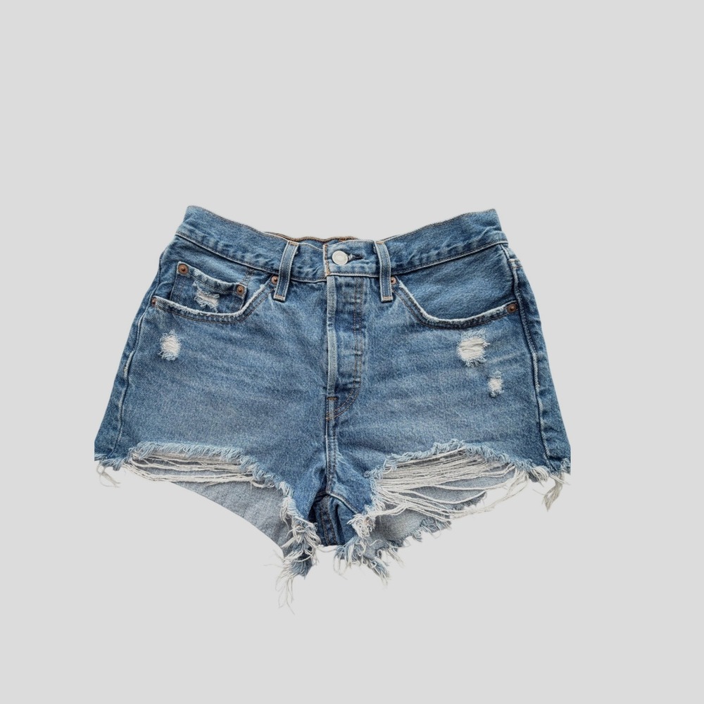 Levi Strauss 501 Denim Shorts Womens W27 Blue High Rise Distressed Cut Off